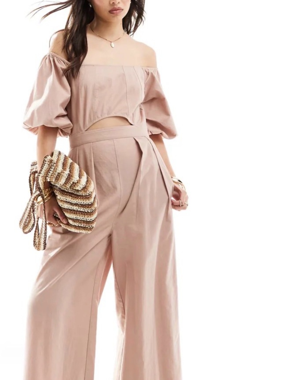 ASOS Off-Shoulder Wide-Leg Jumpsuit in Dusty Pink